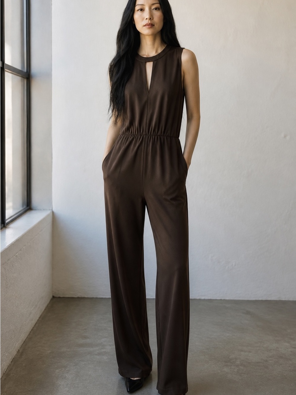 BCBGeneration Sleeveless Keyhole Wide-Leg Jumpsuit - Chocolate Green Brown
